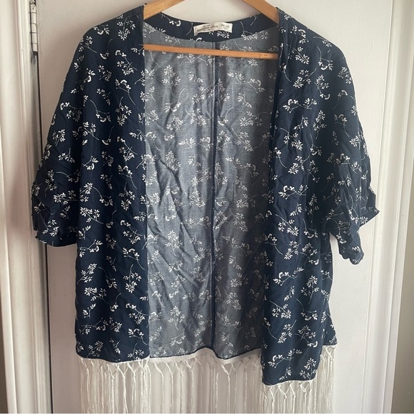 ABERCROMBIE & FITCH floral fringe shawl boho open cardigan one size poncho - Picture 2 of 6
